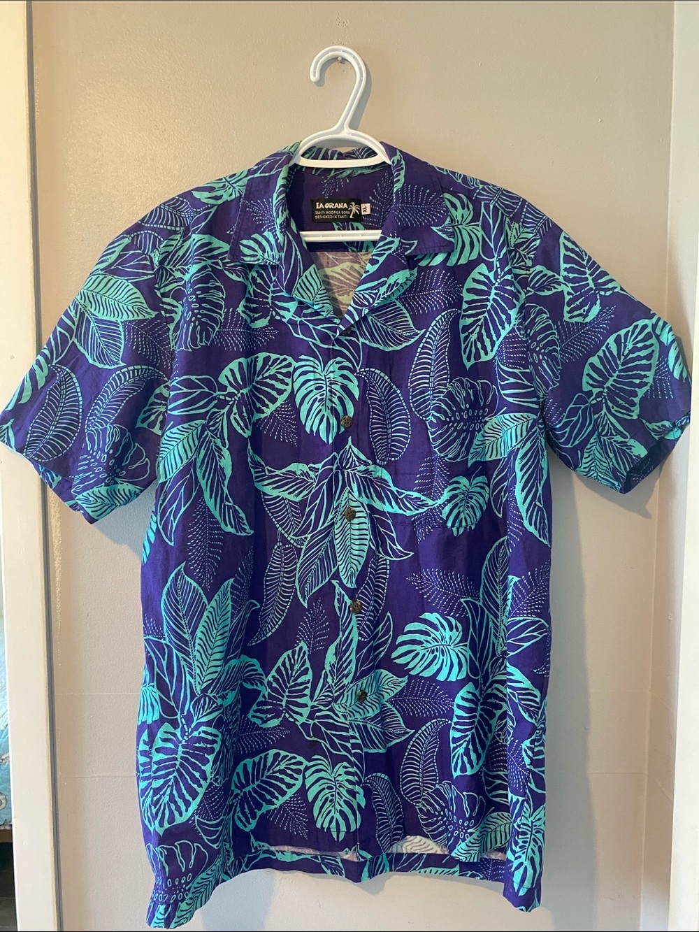 La Orana Tahiti Moorea Bora Tropical Palm Leaf Purple Teal Men’s XL Shirt Summer